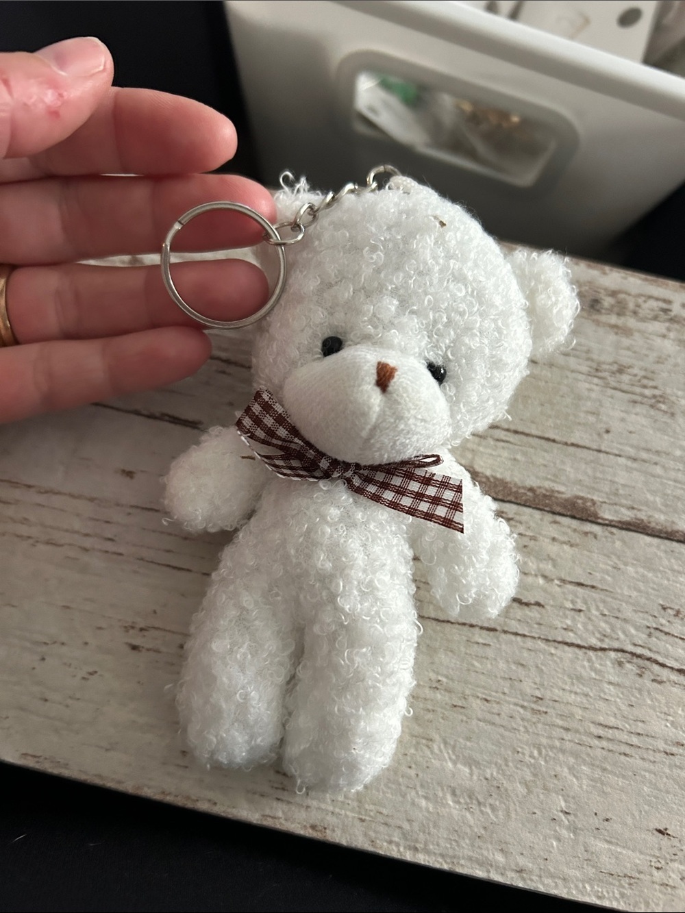 5/$25 White Teddy Bear Keychain with Check Bow - Kids Accessories
